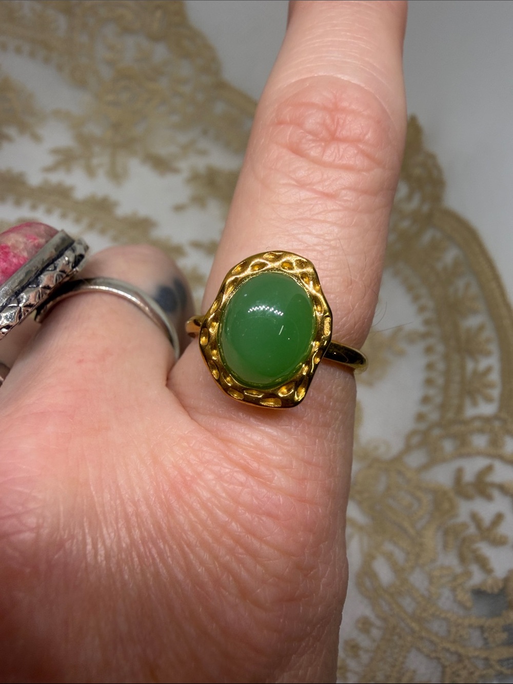 18k Gold Finish Natural Green Aventurine Ring Avant Garde Sculptural Sz 7